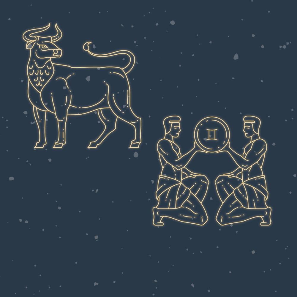 Bull and twin figures appear drawn in glowing gold lines against a dark, starry backdrop. Twins are kneeling and holding a circle featuring the Gemini symbol.