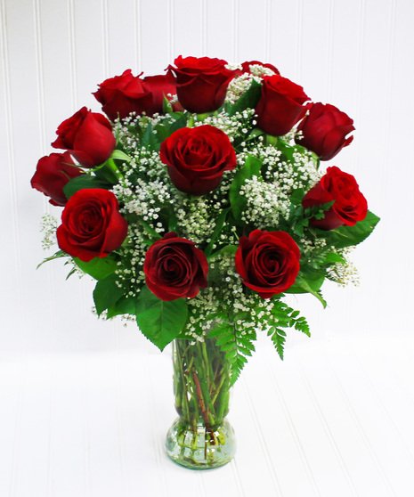 One Dozen Red Roses with Babies Breath