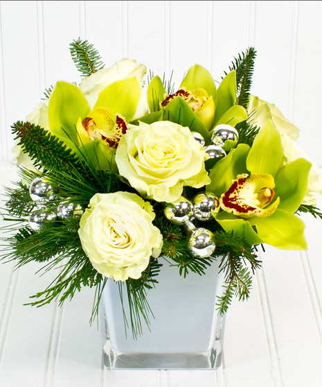 White Roses - Green Cymbidium Orchids - White Glass Cube