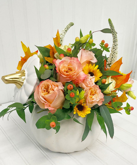 Orange Roses, Yellow Mums in a Ceramic Pumpkin