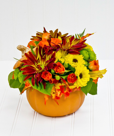 Orange Roses, Yellow Mums in a Ceramic Pumpkin