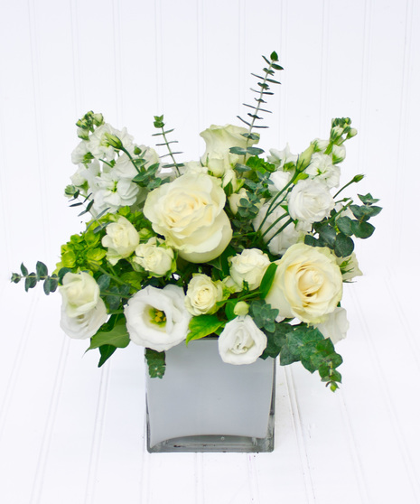 White Roses & Lisianthus in a White Glass Cube