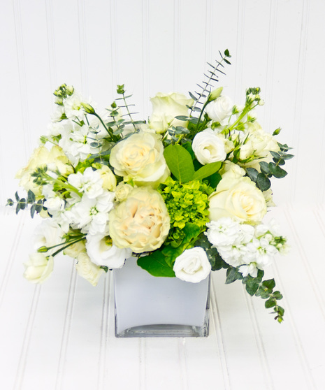 White Roses & Lisianthus in a White Glass Cube