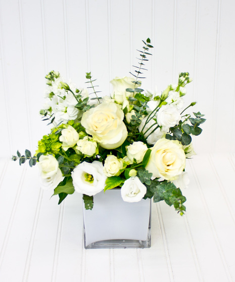 White Roses & Lisianthus in a White Glass Cube