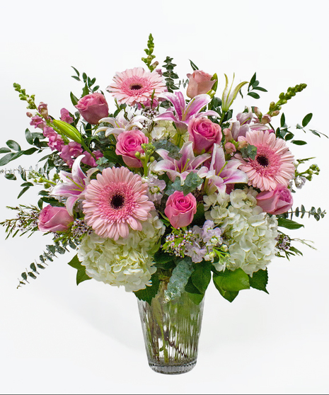 Large Vase of Pastel Roses, Dahlia, Hydrangea & Snapdragon